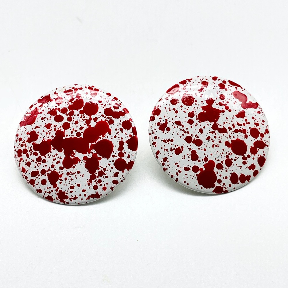 Red White Splatter Button Earrings Pierced Silver Tone Classic Career Workwear